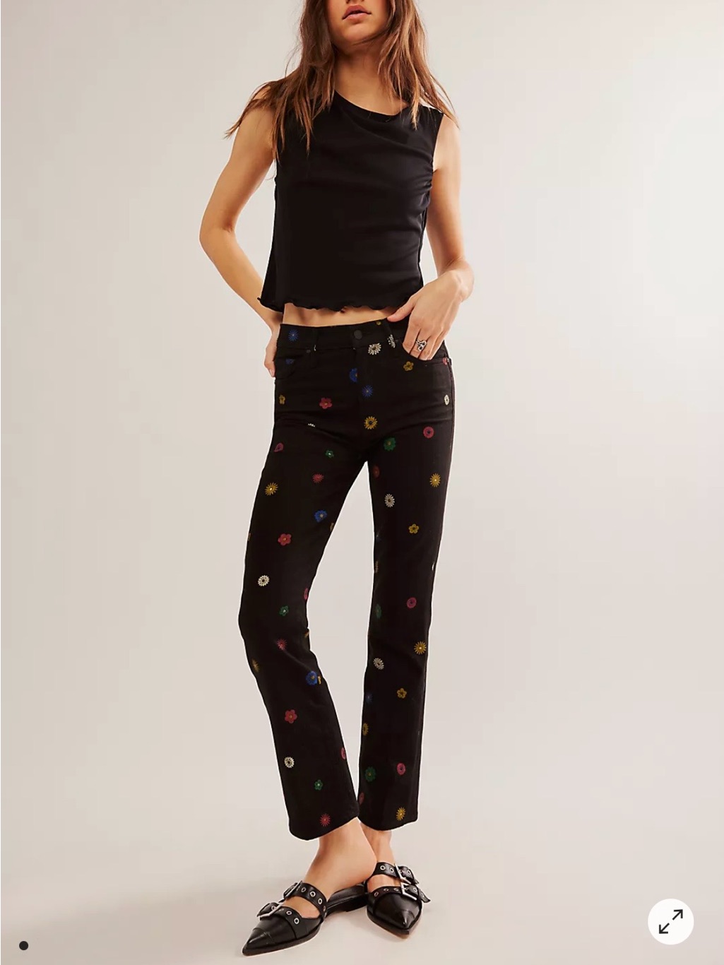 Mother Black Straight-Leg Jeans With Multicolor Floral Print